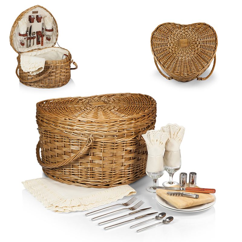 Heart Picnic Basket - Willow Basket w/Deluxe Picnic Service For 2 - 8