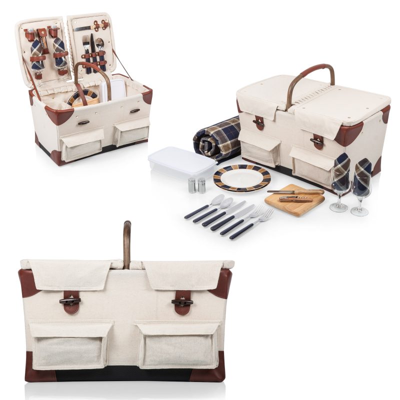 Pioneer - Double Lid Canvas Picnic Basket w/Service for 2 - 5