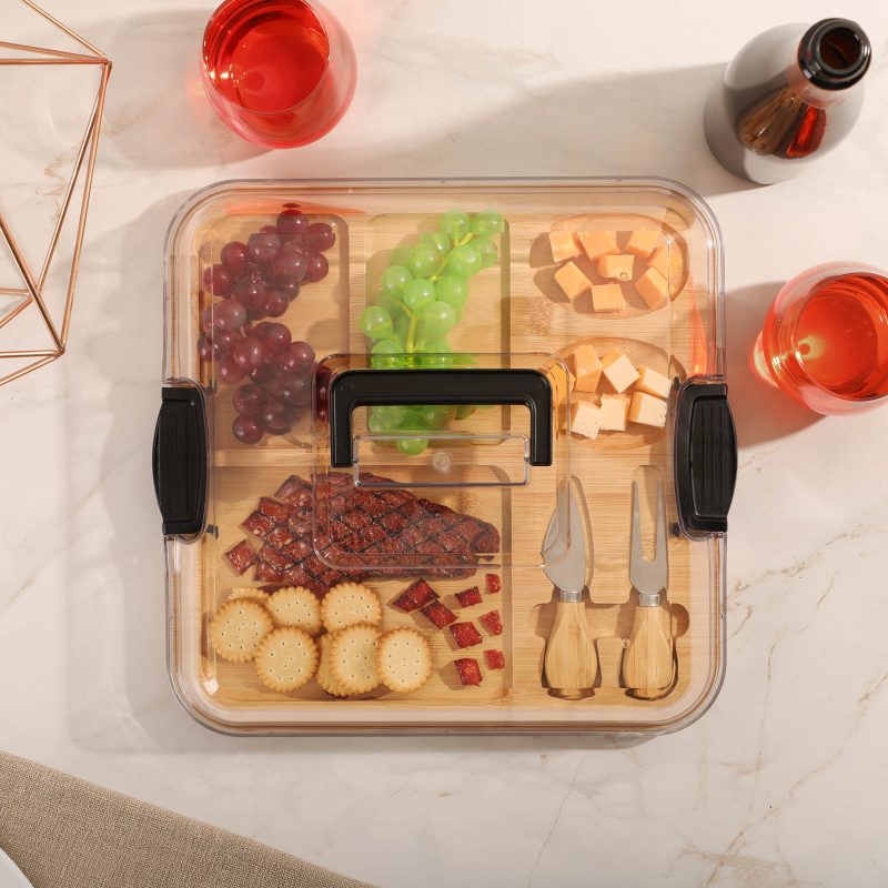 Square Bamboo Charcuterie Board w/Utensils & Lid - 1