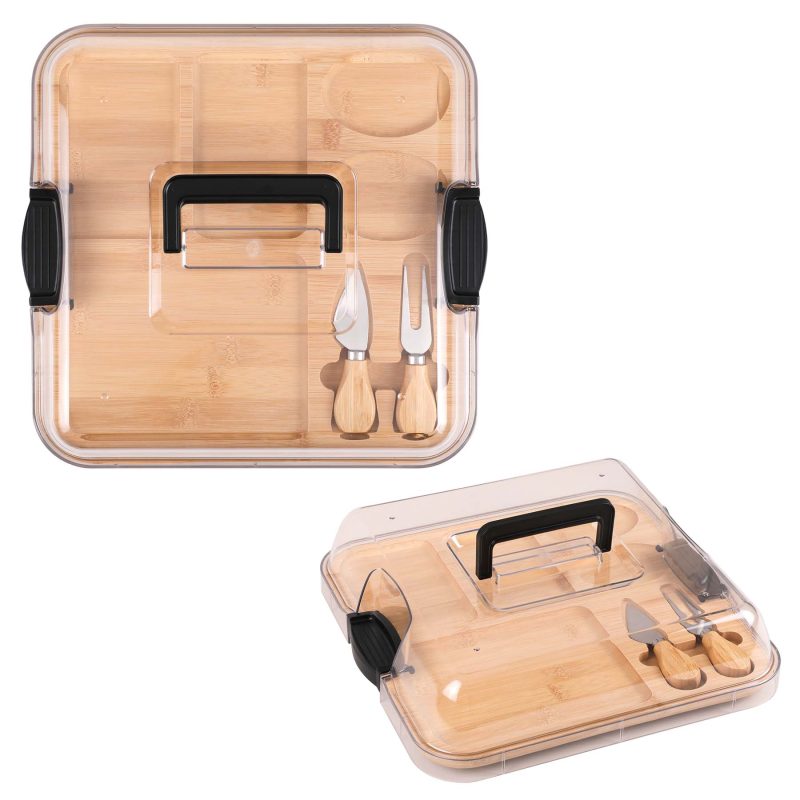 Square Bamboo Charcuterie Board w/Utensils & Lid - 3